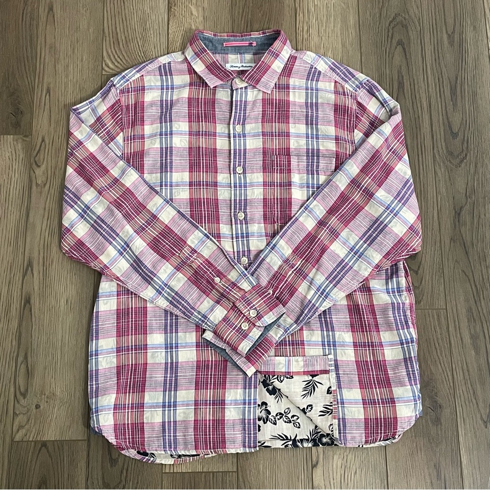 Tommy Bahama Plaid Long Sleeve Floral Shirt Plaid Collard Camp Mens Large - Picture 4 of 14